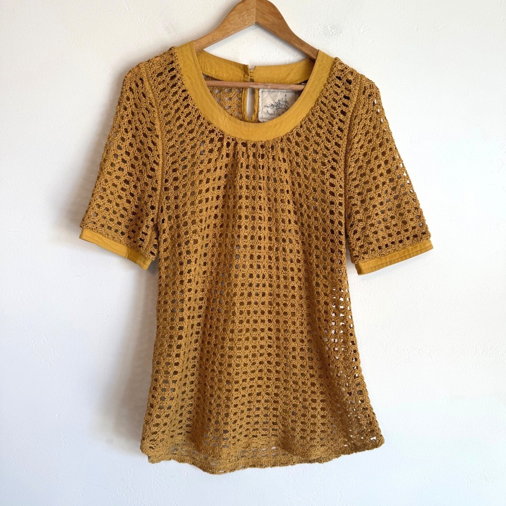 Anthropologie Angel of the North Crochet Tunic Top M Mustard Yellow Boho Earthy